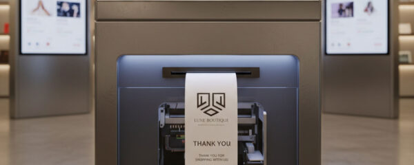 A kiosk equiped with a ticket printer in a retail environment