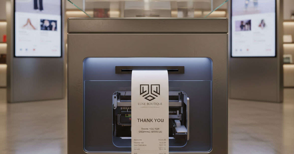 A kiosk equiped with a ticket printer in a retail environment
